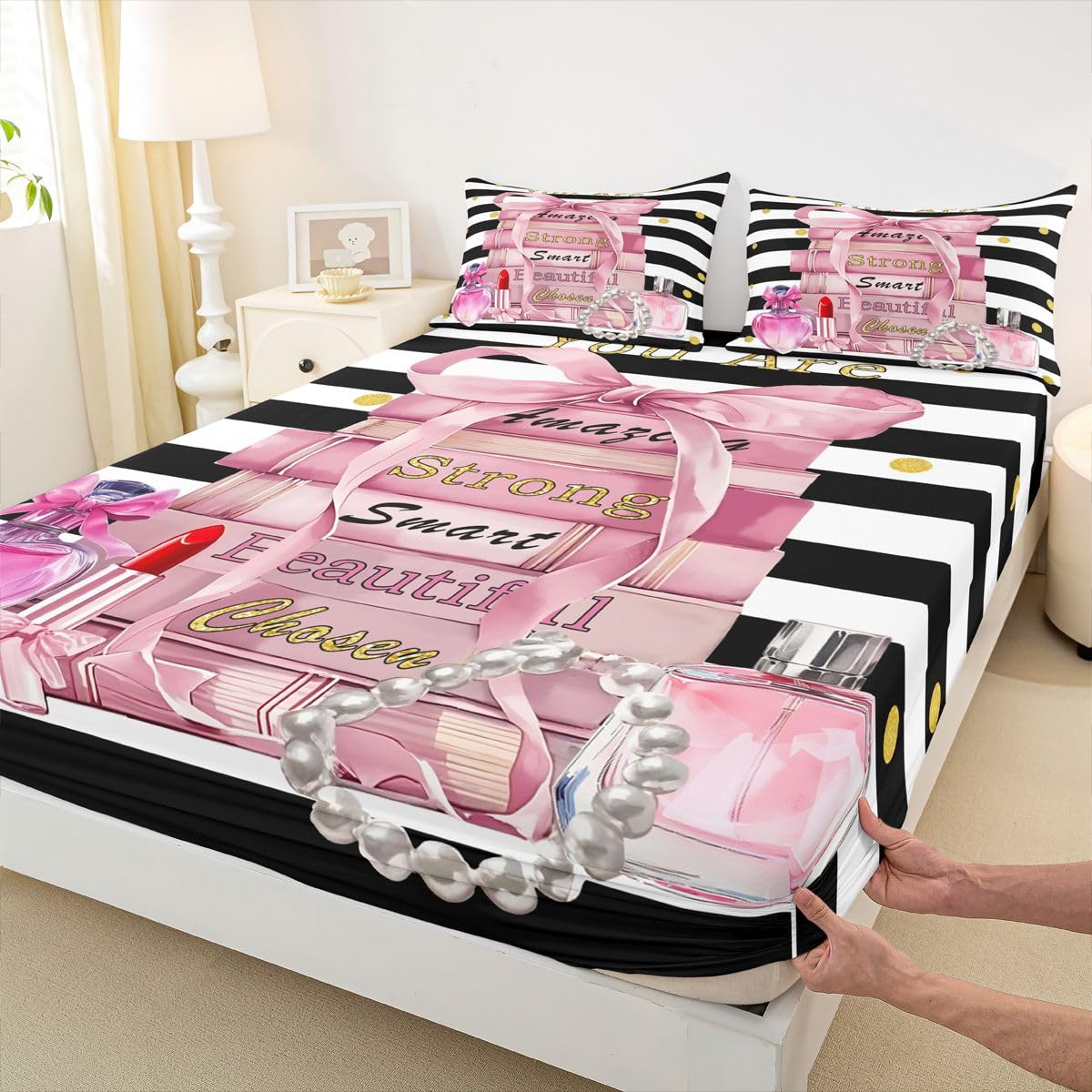 Erosebridal Pink Cute Sheet Set King Size Girly Fashion Bow Bed Sheets for Girls Teens Kids Women Modern Black and White Stripe Bedding Set Positive Quotes Books Pearl Perfume Sheets