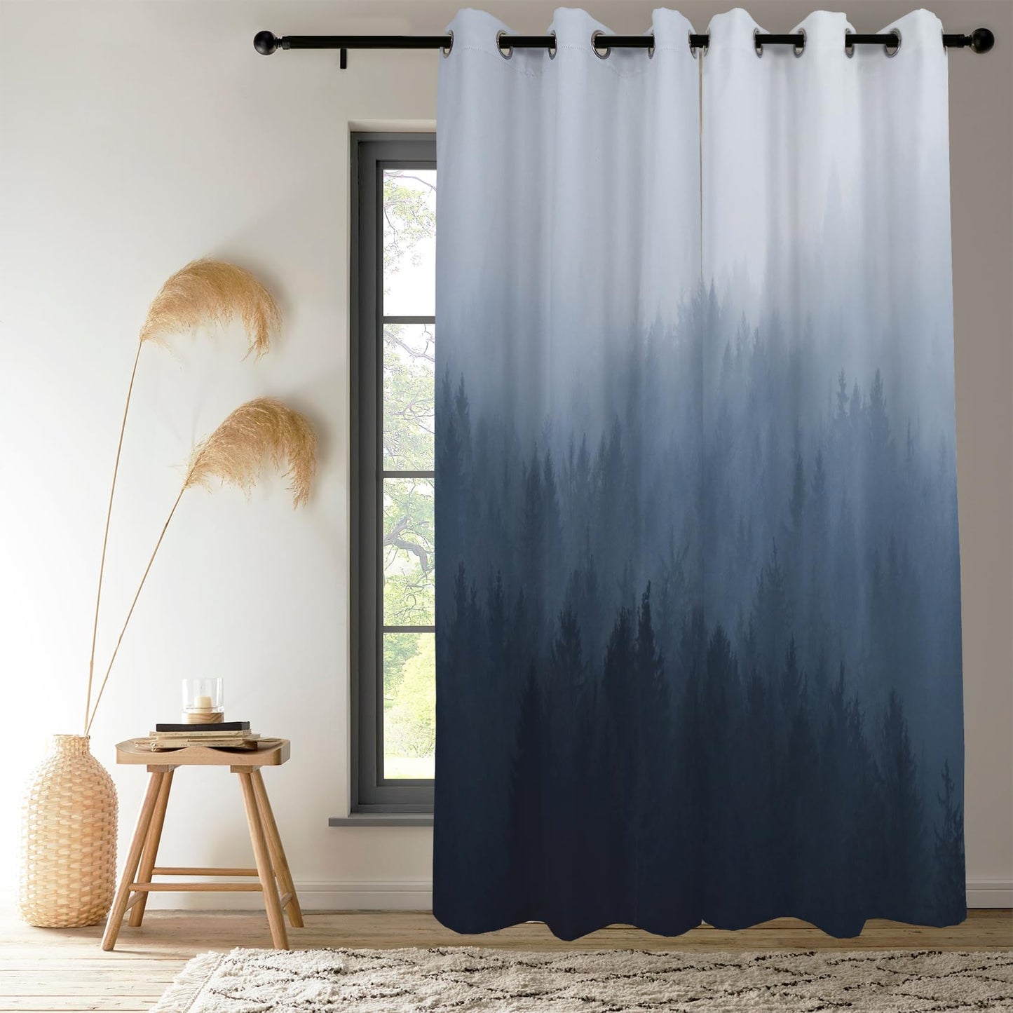 Renaiss Misty Forest Window Drapes, Navy Blue Ombre Design Bedroom Curtains & Drapes Abstract Mountain Landscape Room Darkening Grommet Curtains for Living Room 42W x 84L inches 2 Panel Set