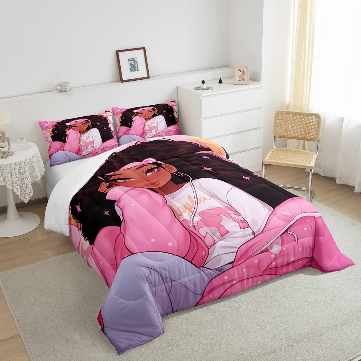 Manfei Little Girl Kids Comforter Set Full Size,Glitter Stars Wave Points Romantic Bedding Set,Girls Women Room Decor,Afro American Black Princess Girls Down Comforter,Pink Duvet Insert,2 Pillowcases