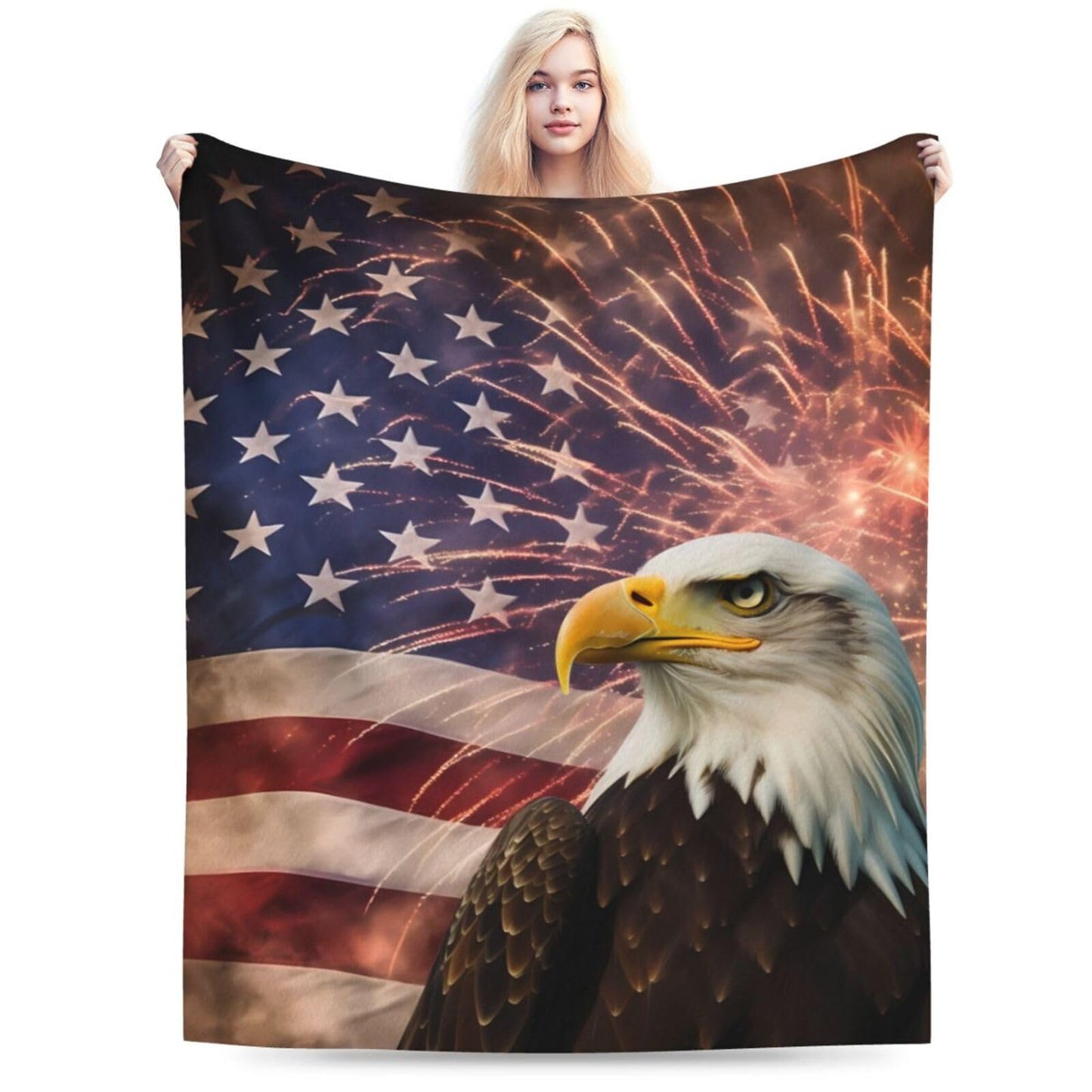 American Flag Ultra-Soft Flannel Throw Blankets, Firework Eagle Blanket for Bed Couch Sofa, All Seasons Home Camper Travel 60"x50"