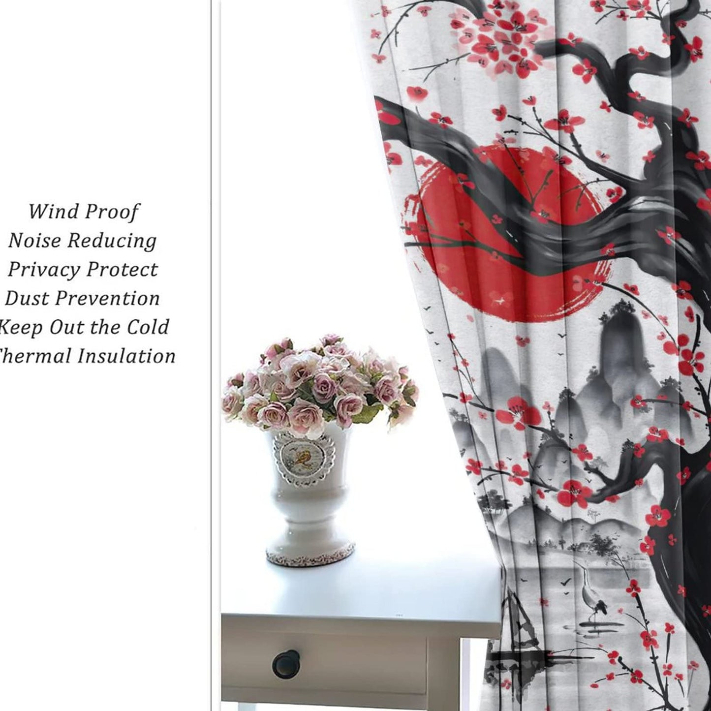 Retro Japanese Blackout Curtains for Bedroom,Watercolor Ink Samurai Red Sun Mountain Cherry Blossoms Grommet Thermal Insulated Room Darkening Curtains Window Curtains 2 Panels 45L x 21W