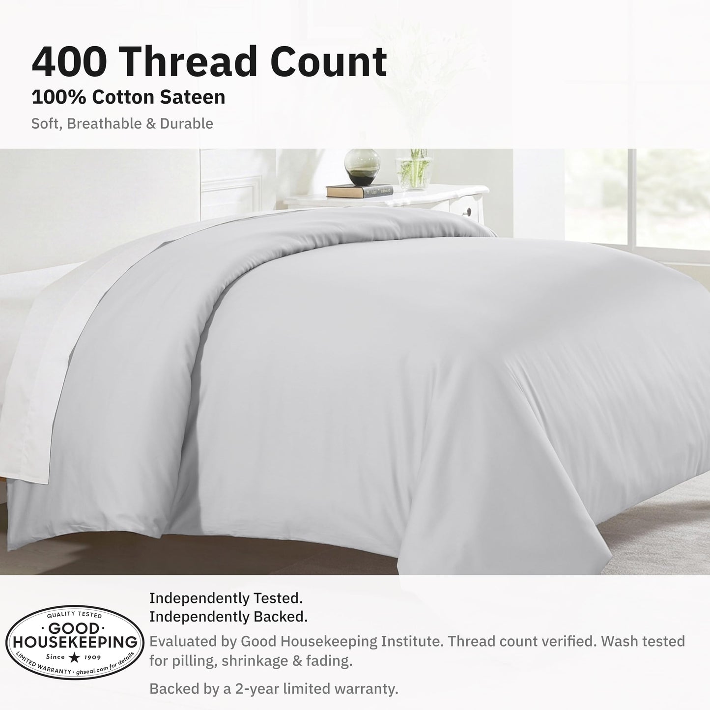 California Design Den Full/Queen Bed Duvet Cover Only - 400 Thread Count, 100% Cotton Sateen, Soft Duvet Cover Queen Size Cotton, Button Closures, Corner Ties, Durable Bedding - Silver