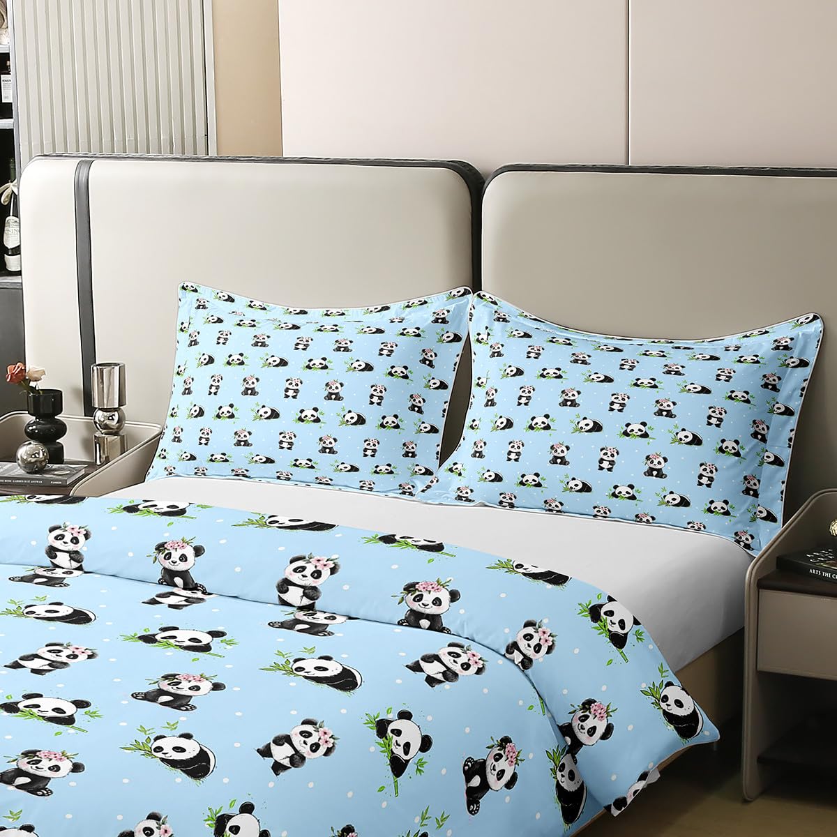 Manfei Kawaii Panda 100% Cotton Duvet Cover Set Twin Size, Cute Panda Print Bedding Set 2pcs, Cartoon Animals Theme Quilt Cover, Kids Girls Teens Room Decor, 1 Pillowcase,No Comforter