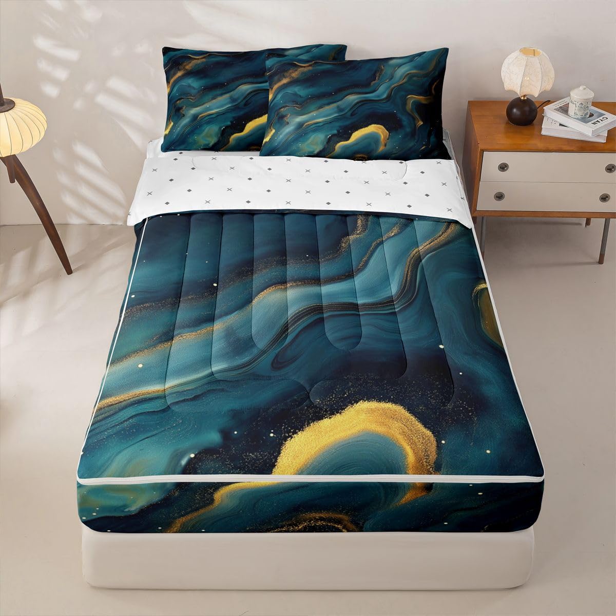 jejeloiu Blue Marble Print Zipper Bedding Twin Abstract Bedding Sets for Kids Boys Girls Deep Ocean Wave Texture Comforter Set with Fitted Sheet 2 Pillowcases One Zipper Bed Set for All Seasons