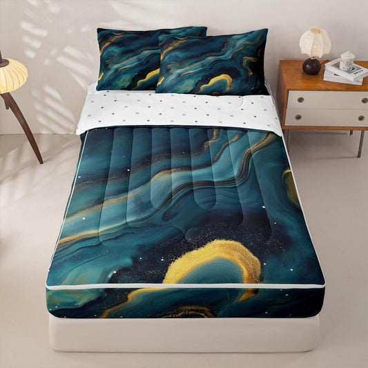 jejeloiu Blue Marble Print Zipper Bedding Twin Abstract Bedding Sets for Kids Boys Girls Deep Ocean Wave Texture Comforter Set with Fitted Sheet 2 Pillowcases One Zipper Bed Set for All Seasons