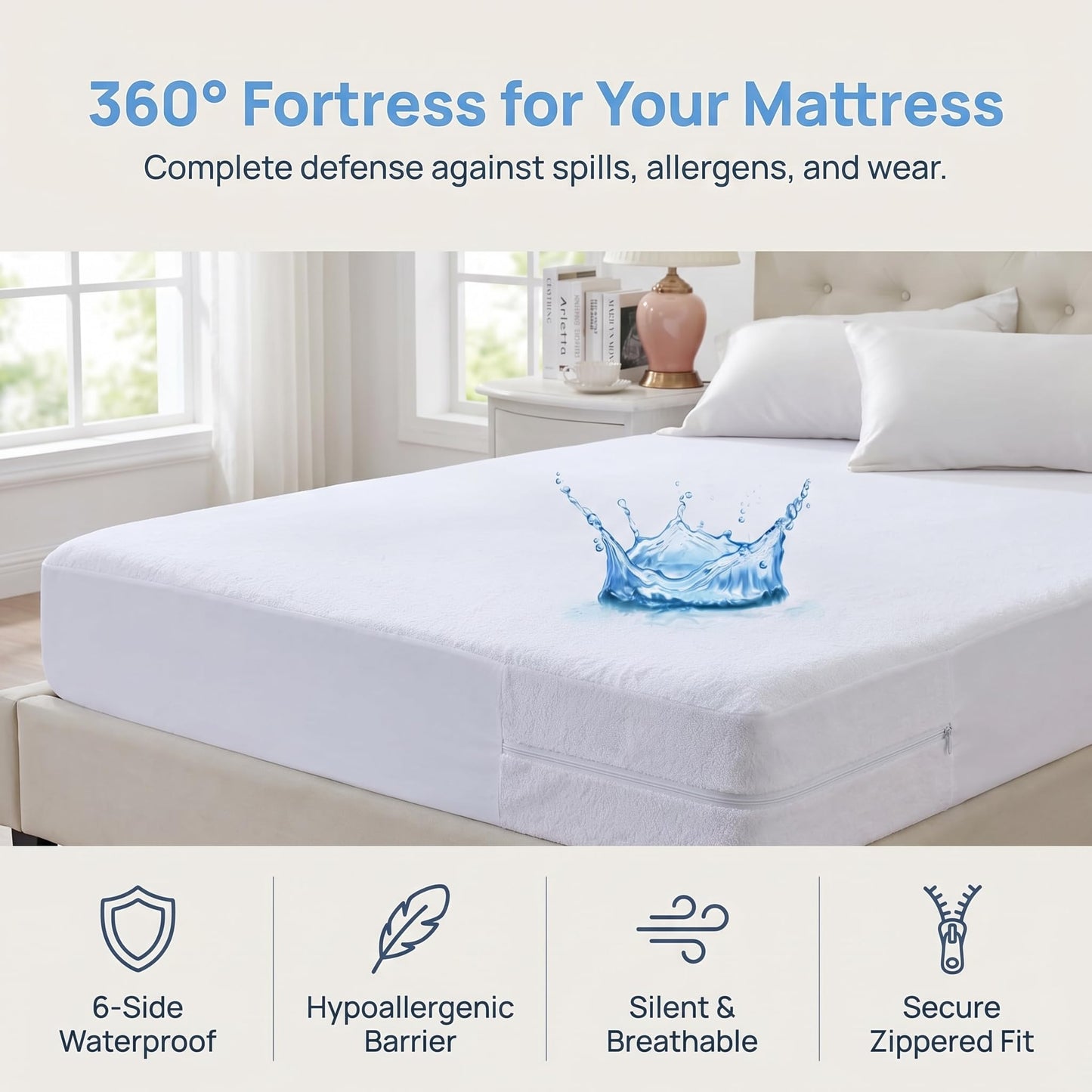 Queen Zippered Mattress Protector,Absorbent Six-Sided Mattress Cover Queen Size Bed, 12-15 Inch Noiseless Washable Mattress Encasement, Sleep Defense System, Hypoallergenic & Soft