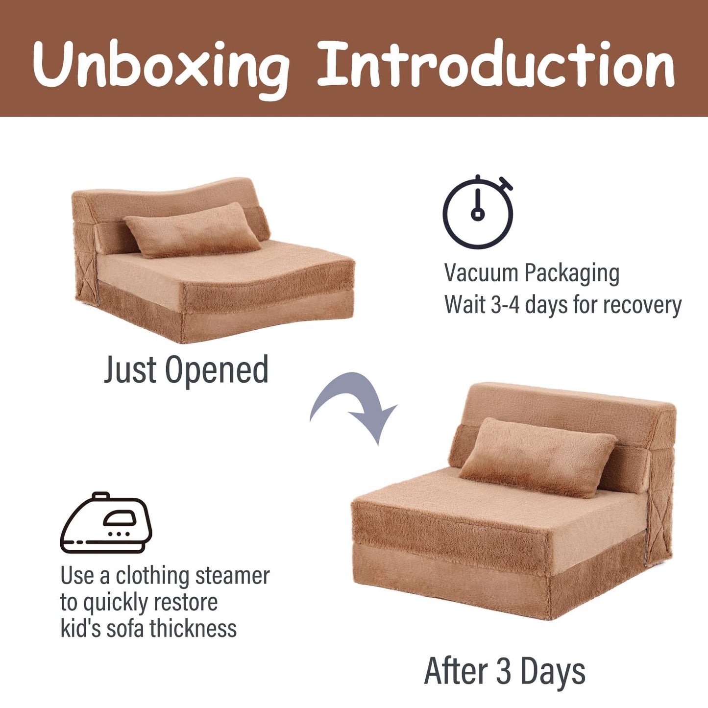 Tiita Convertible Folding Kids Sofa Bed with Pillow & Storage Bag, Plush Fabric Floor Mattress Couch Bed, Washable Cover, Kids Room, Playroom, Dorm, Apartment, Brown