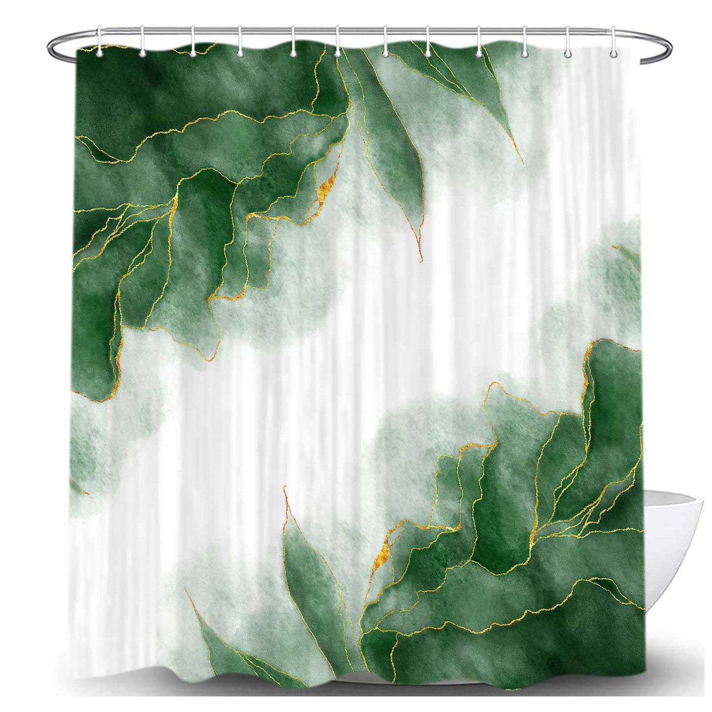 MERCHR Green and Gold Marble Shower Curtain, Dark Emerald Sage Hunter Olive Green Fabric Shower Curtains Set for Bathroom, Modern Golden White Restroom Decor Accessories with Hooks 72X 72 Inch