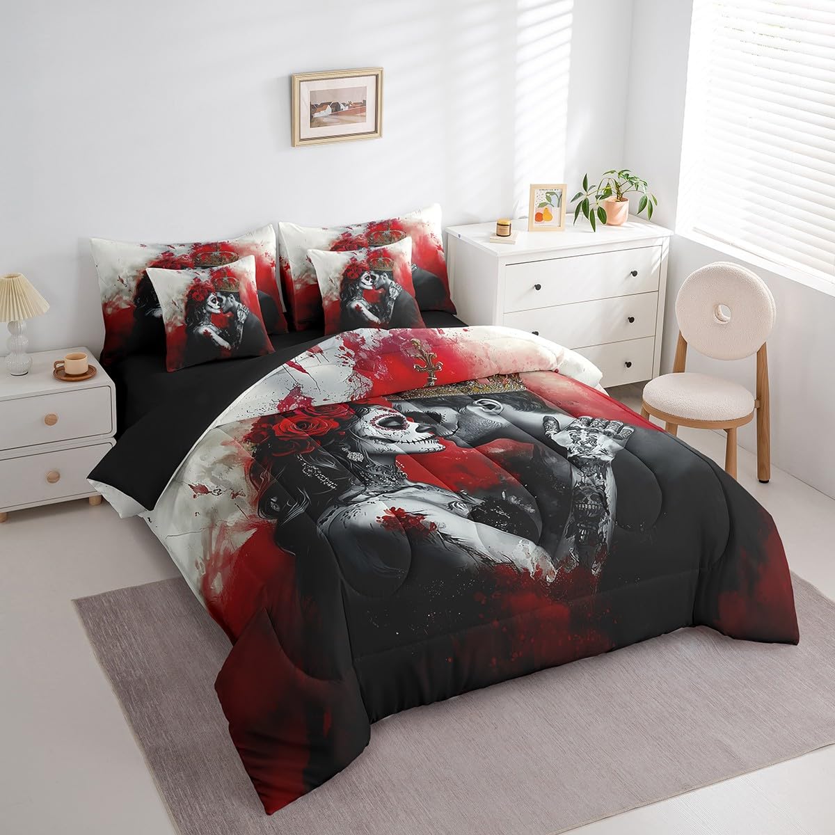 Erosebridal 3D Couple Skull Bedding Set King Size,Romantic Gothic Lover Comforter Set,Valentine's Day (Comforter+Fitted+Flat Sheet+2 Pillowcases+2 Throw Pillow Covers) 7 Pieces Blood Print Bed Set