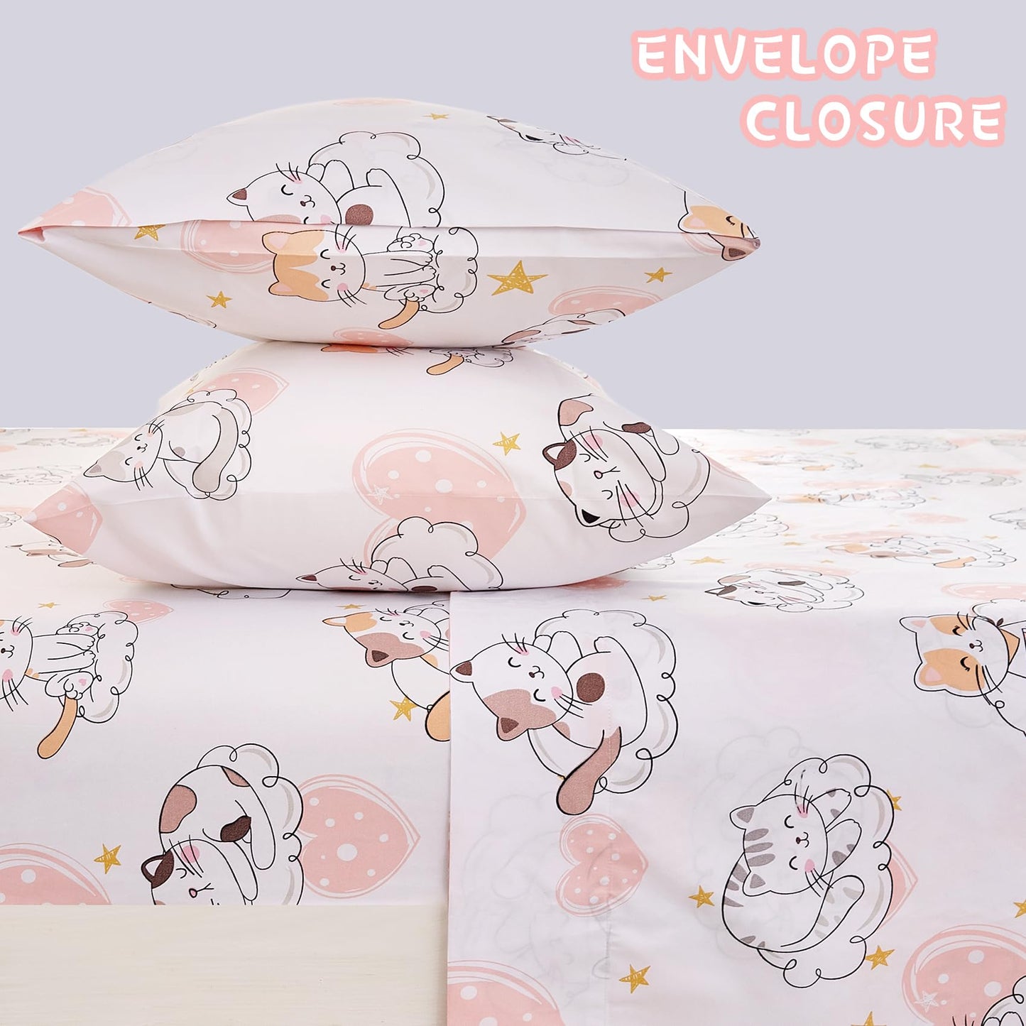 Yibeizi Cat Full Sheet Set for Girls, Kids Cute Pink Heart Bedsheet Microfiber Deep Pocket Bedding Sheets & Pillowcases 4 Pieces