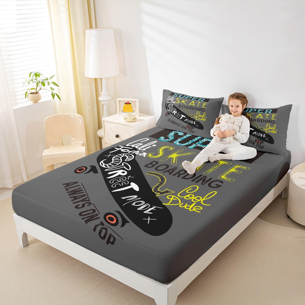 Feelyou Youth Skateboard Bedding Set Kids Extreme Sports Theme Bed Sheet Set Boys Teens Hipster Fitted Sheet Hip Hop Street Culture Bed Cover,Room Decor 3Pcs Sheets Full Size,Gray