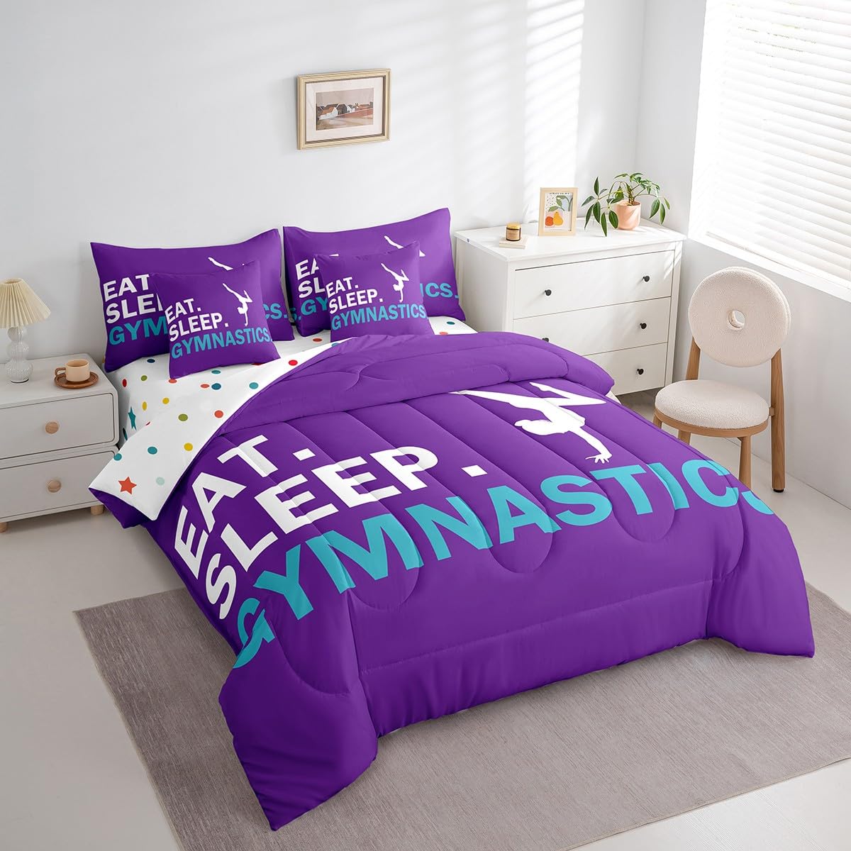 Feelyou Gymnastics Bedding Set Twin Girls Gymnastics Lovers Comforter Set 7 Piece for Kids Women Ultra Soft Sports Bedding Twin Comforter Set Girly Purple Bed in a Bag Room Decor Bed Set