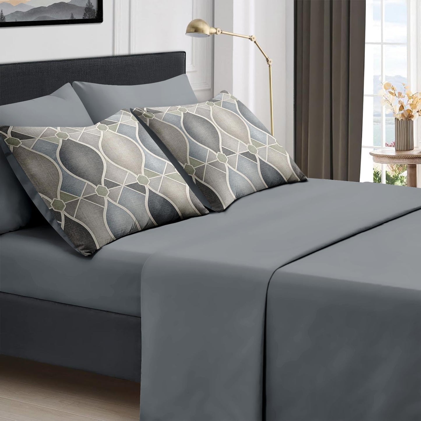 Boewywh Comforter Set Twin Size Geometric Abstract Modern 7 Pcs, Bedding for Kids and Adults, Grey Neutral Bed Sheet Sets with Fitted Sheet 2 Pillowcases & 2 Shams for Bedroom Bed Decor