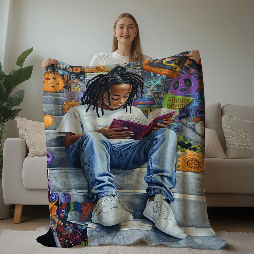 HUNXIAOJ Black Girl Blanket African American Blanket for Kids Black Girl Bedding Warm Soft Flannel for Teens Adults Bed Sofa Couch (49in x 59in)