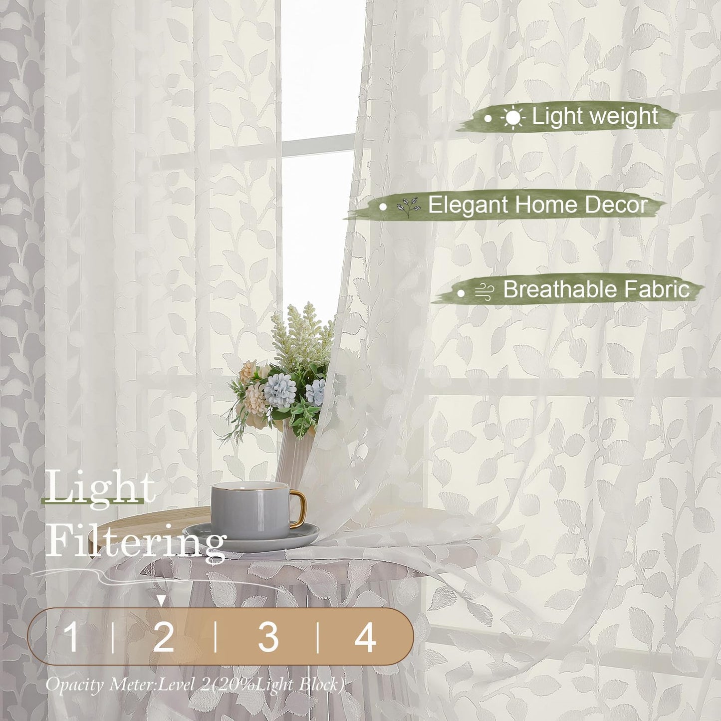 Chyhomenyc Ivory Sheer Curtains 84 Inch Length 2 Panels Set, Light Filtering Tufted Textured Soft Airy Rod Pocket Gentle Leaf Window Treatment Drapes for Bedroom Living Room, 42" Wx84 L, 2PCS