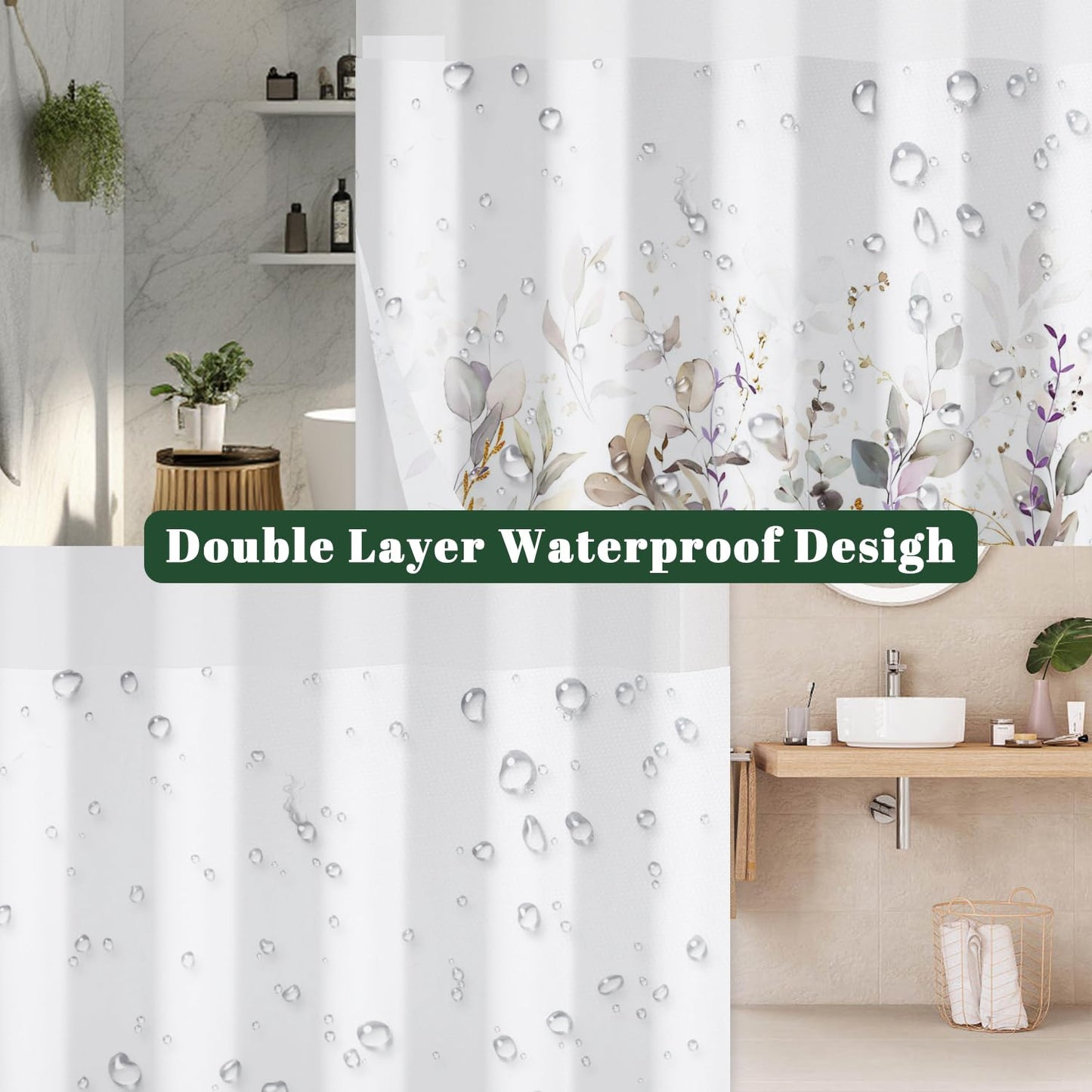 Xiazhilaio Watercolor Botanical Leaf Shower Curtain with Snap in Liner - Waterproof Double Layer Bath Curtain with Mesh Top Window for Airflow, Boho Farmhouse Eucalyptus Bathroom Curtain, 71″W x 74″L