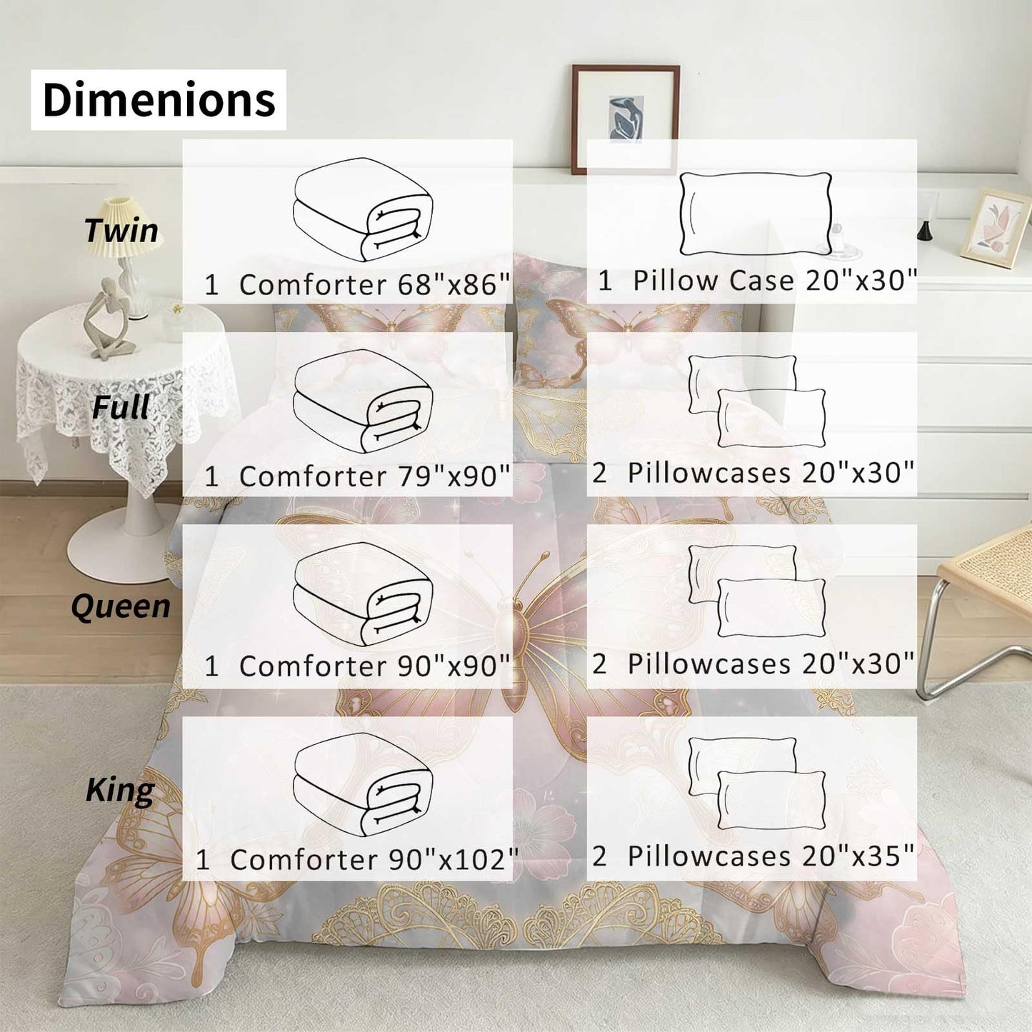DJNEAR Pink Gold Butterfly Comforter Set, Elegant Shimmer Butterfly Bedding Set for Girls Teens Women, Soft Microfiber All Season with 1 Comforter 1 Pillowcase, Twin Size