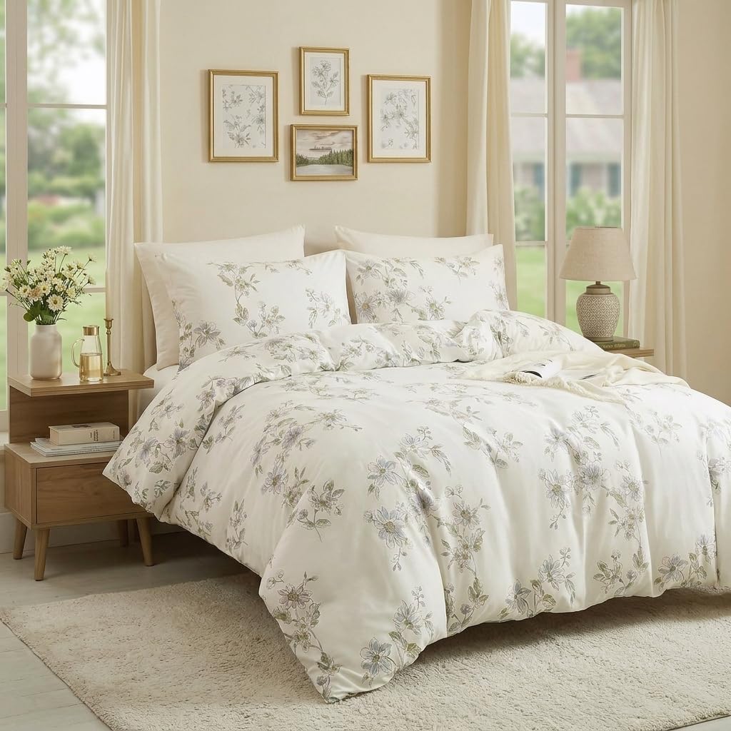 Cozaline 100% Cotton Duvet Cover Set King – Cream Fresh Watercolor Floral Bedding Set 3 Pieces, Ultra Soft Reversible Comforter Cover with Zipper Closure, Nature-Inspired Botanical Bed Set