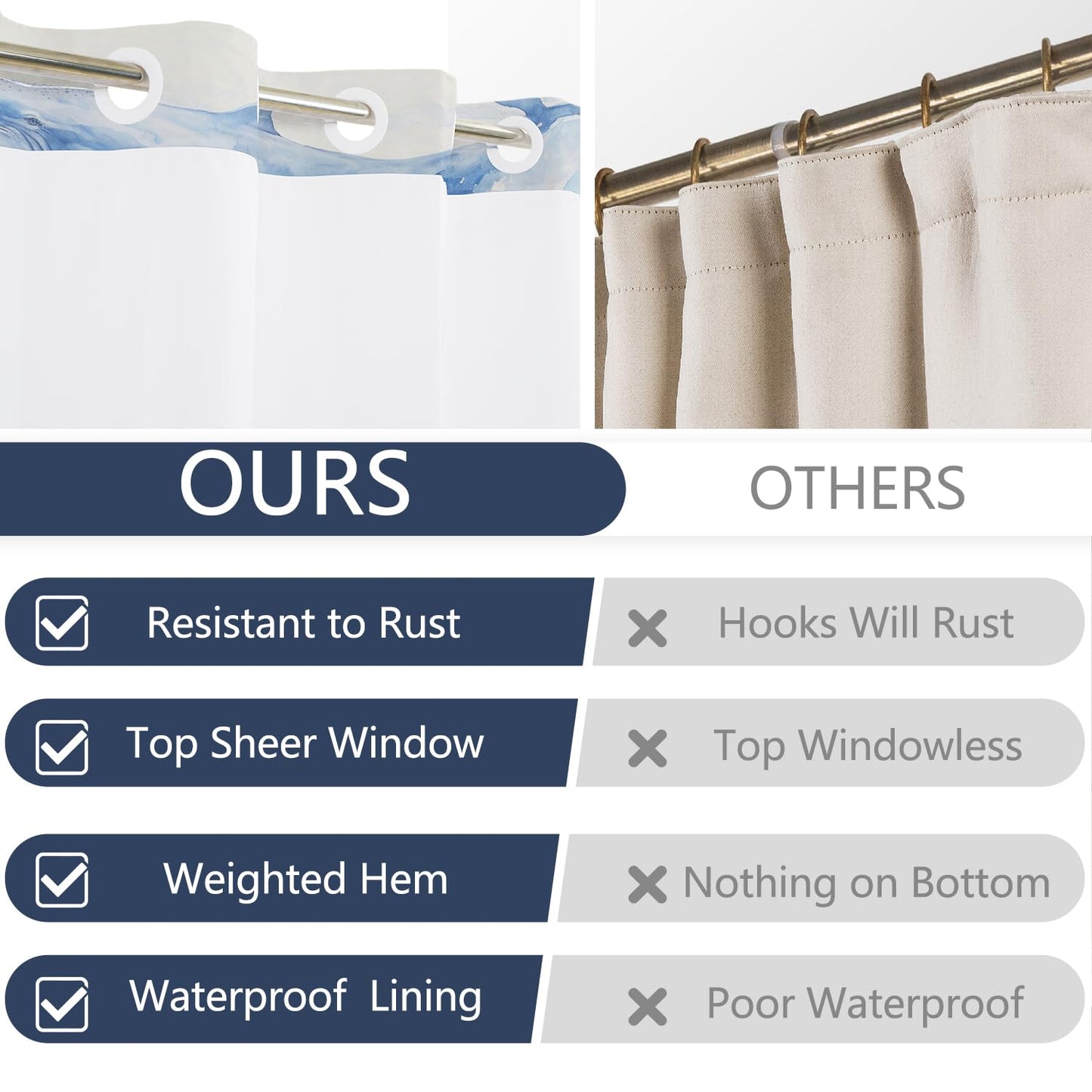 Sea Whale Shower Curtain with Snap in Liner, Blue Ocean Marine Life Coastal Design Bathroom Curtains, Double Layers No Hook Shower Curtain with Weighted Hem, Washable Waterproof Fabric, 71x74 Inch