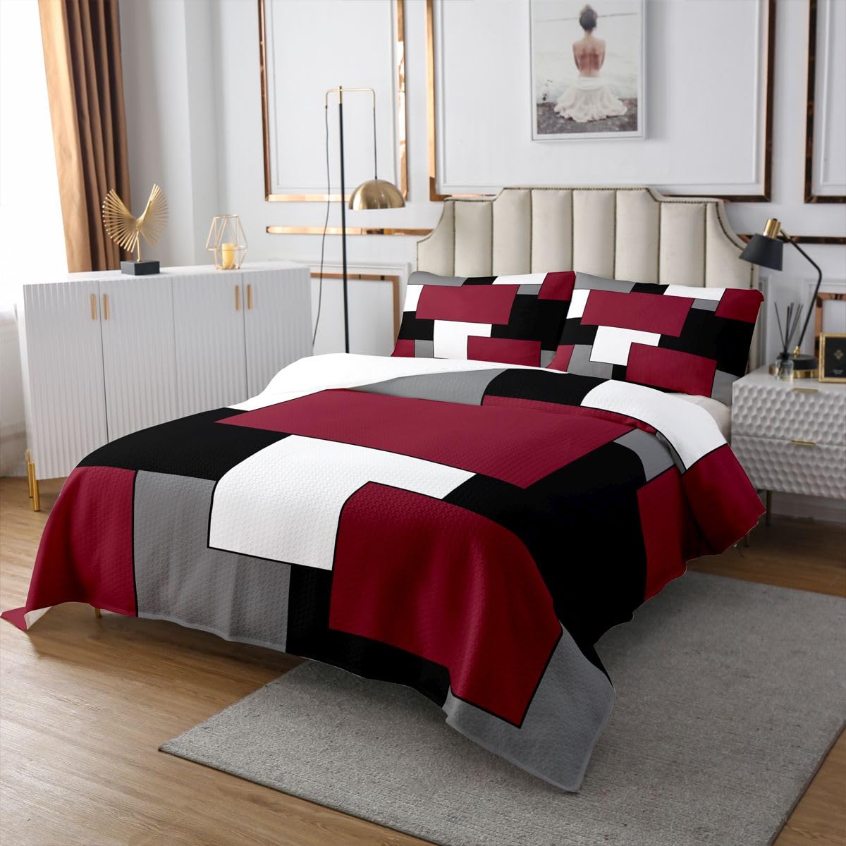 jejeloiu Red White Geometric Grid Bedspread King Size Aesthetics Art Coverlet Set Modern Abstract Quilted Coverlet for All Season with 2 Pillowcases Microfiber Lightweight