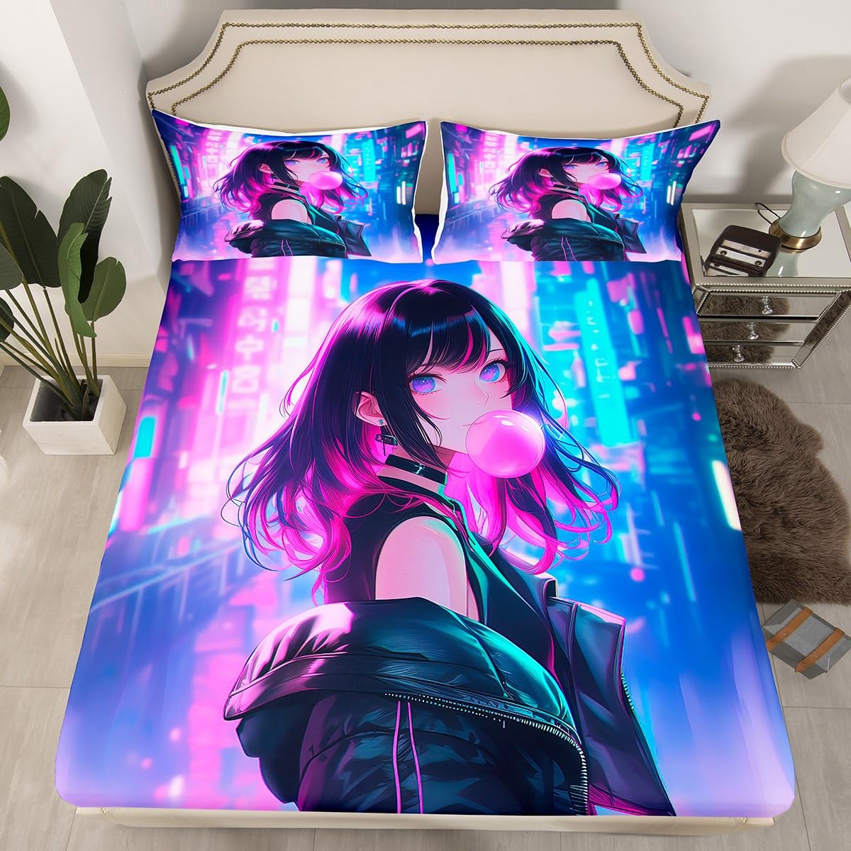 Erosebridal Anime Girl Bedding Set Full Size, Kawaii Japanese Anime Bed Sheets for Kids Boys Teens Adult Women, Cartoon Girl Fitted Sheet Japan Animation Bedroom Decor, Machine Washable