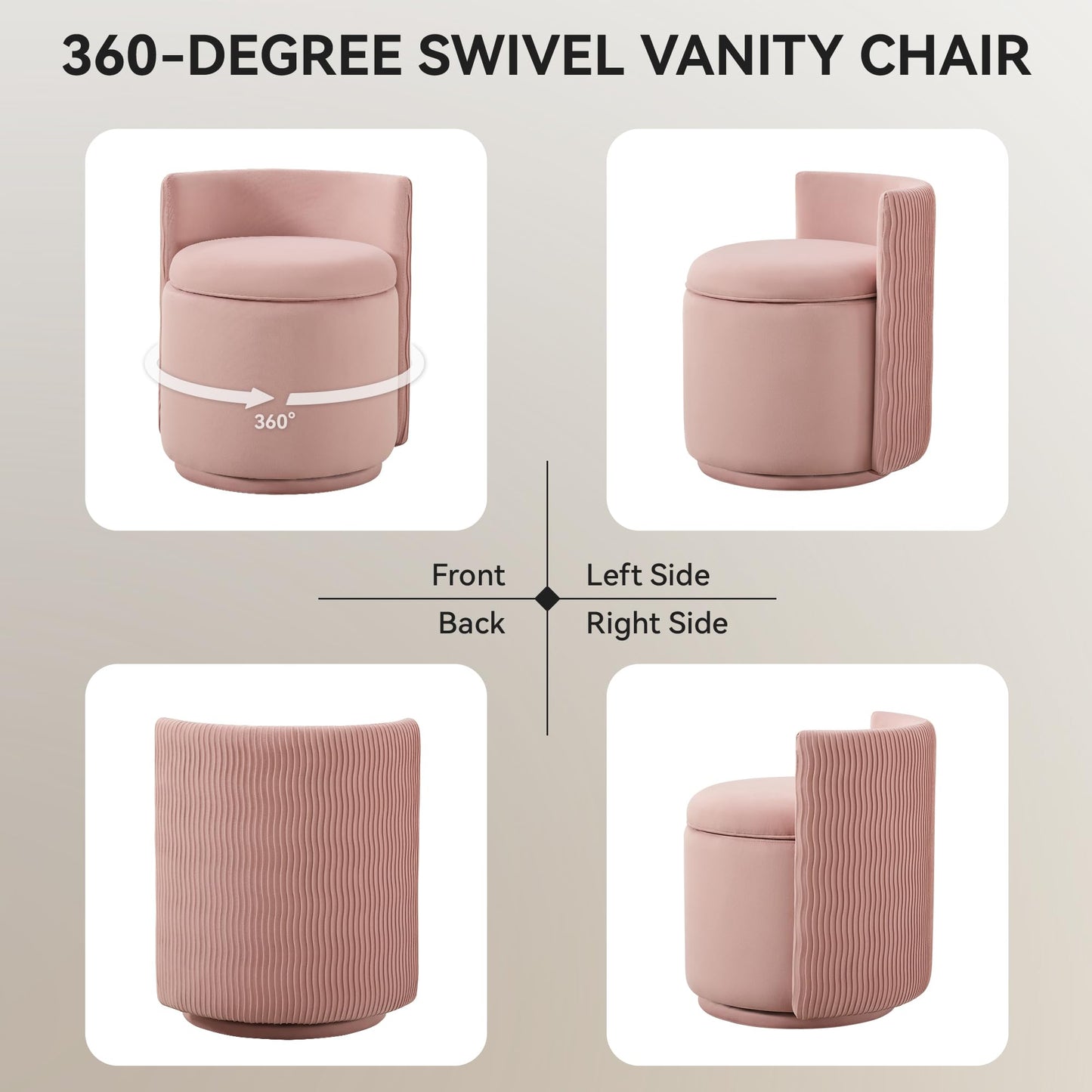 WUTUTUEE Velvet Vanity Chair with Storage, 360° Swivel Makeup Chair with Wave Back, No Assembly Small Accent Stool for Bedroom, Dressing, Living Room, Pink
