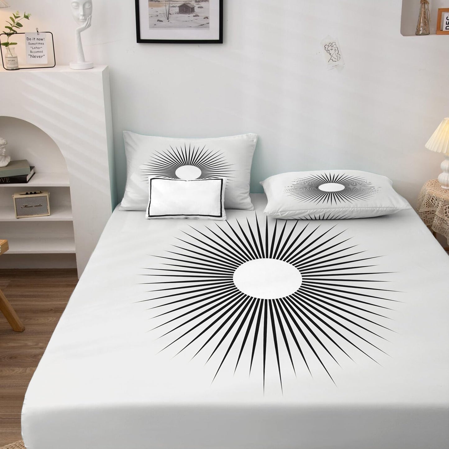 zcsm Black and White Sheets King Size - Abstract Sun Bed Sheets, Soft Microfiber & Deep Pocket & Wrinkle Free Patterned Bedding Sheets & Pillowcases, 1 Fitted Sheet, 1 Flat Sheet, 2 Pillow Cases