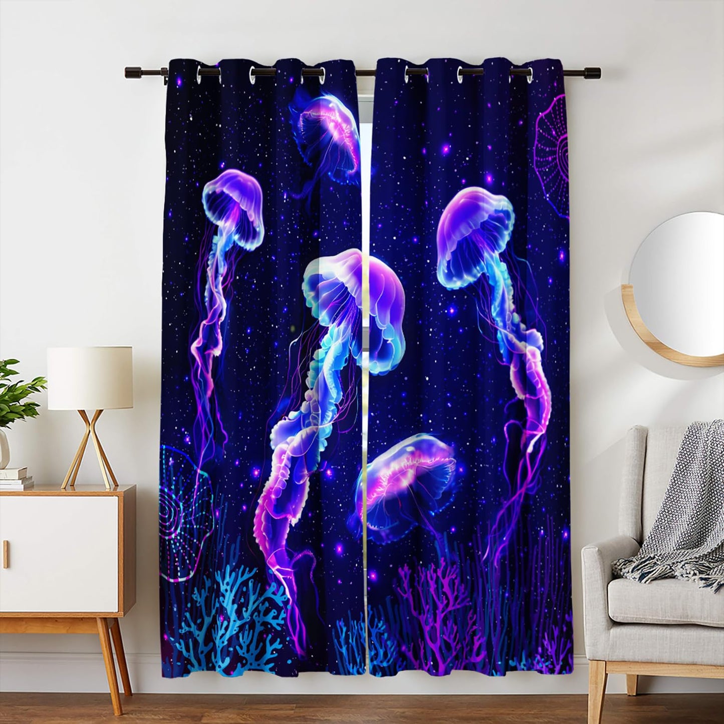 HOSIMA Jellyfish Pattern Fancy Curtains for Living Room Bedroom Decor Aesthetic for Teen Girls,Fantasy Starry Sky Curtains 2 Panels for Bedroom Cool Room Accessories,38W*54H Inch