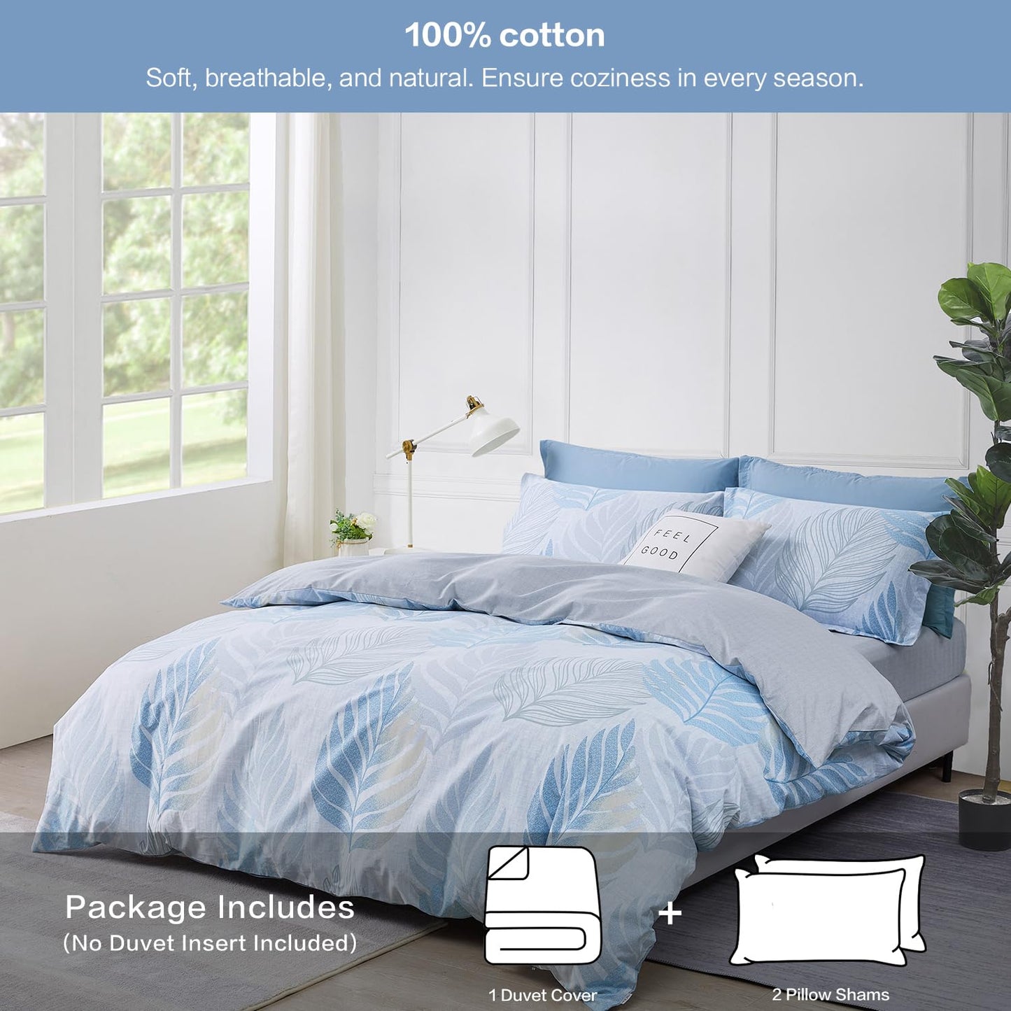 SAPHREAS Blue Leaf Duvet Cover Set Full Size 3pcs Tropical Botanical Monstera Leaf Pattern Bedding Comforter Cover Set 100% Cotton 1 Duvet Cover 2 Pillow Shams