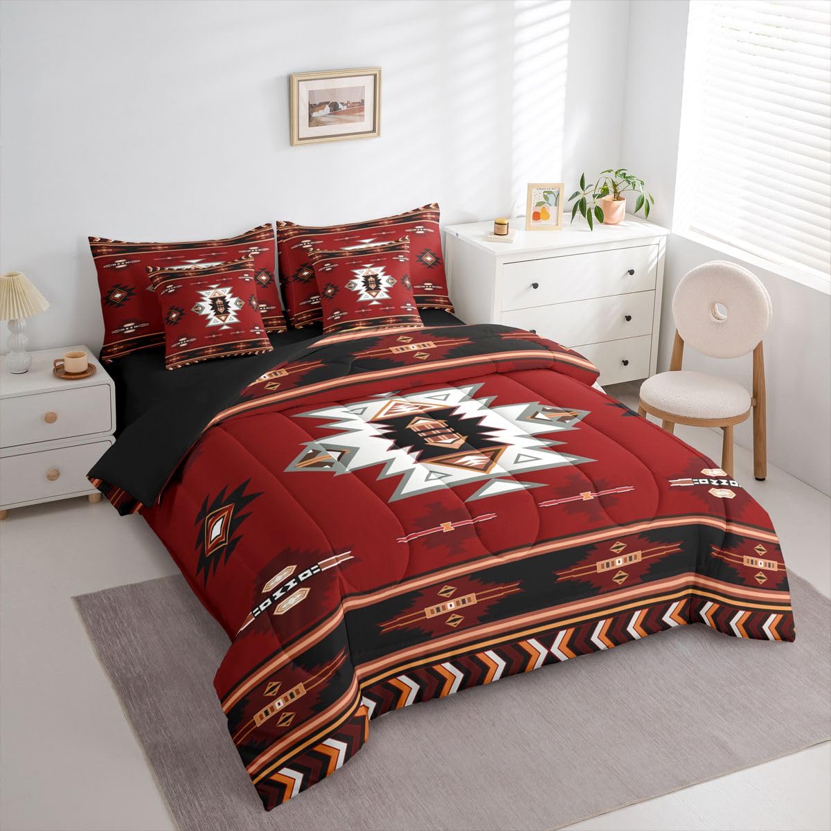 Erosebridal Western Comforter Set 7-Piece Bed in a Bag Twin | Southwest Native Geometric Bedding Sets Exotic Nordic Style Aztec Comforter and Sheet Set, Sriped Diamond Triangle Room Decor,Red