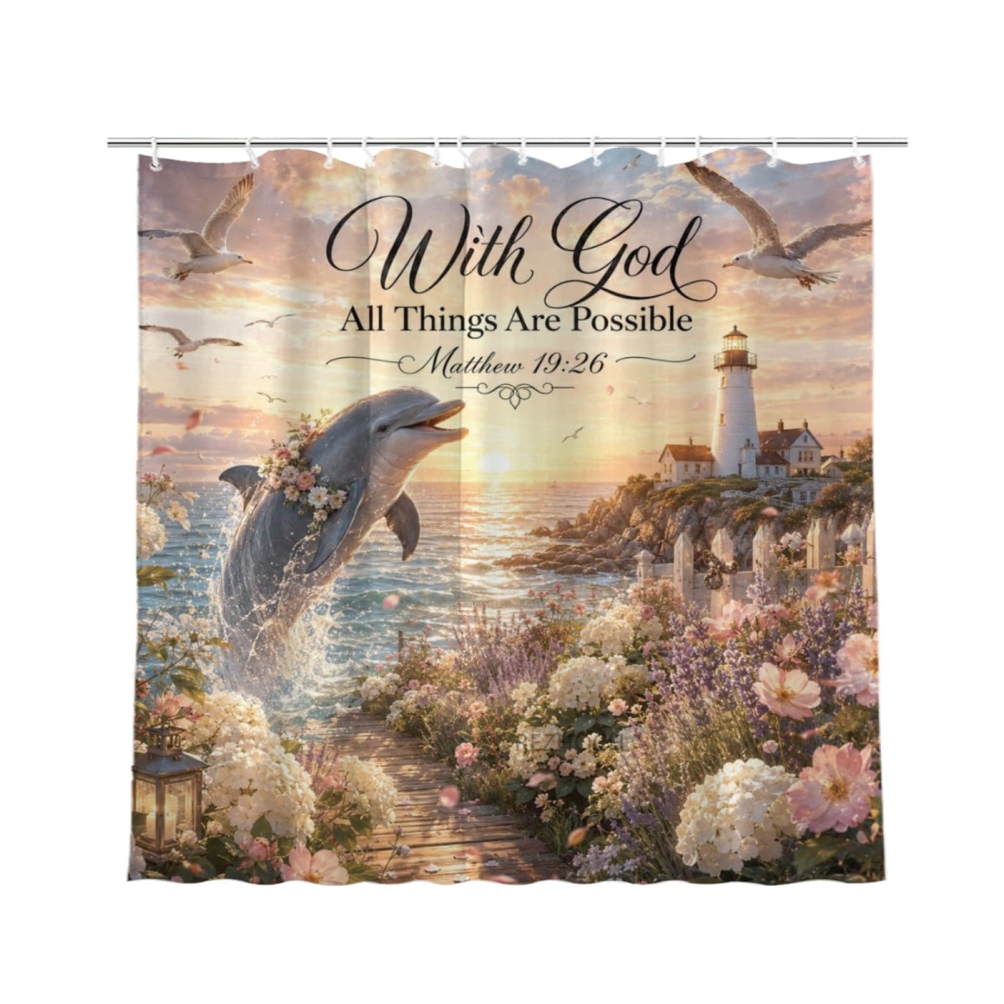 REZHOCH Coastal Cute Dolphin Shower Curtain 72x72 Inch,Lighthouse Ocean Beach Bathroom Decor,with God All Things are Possible,Animal Floral Sunset Seaside Christian Bath Set