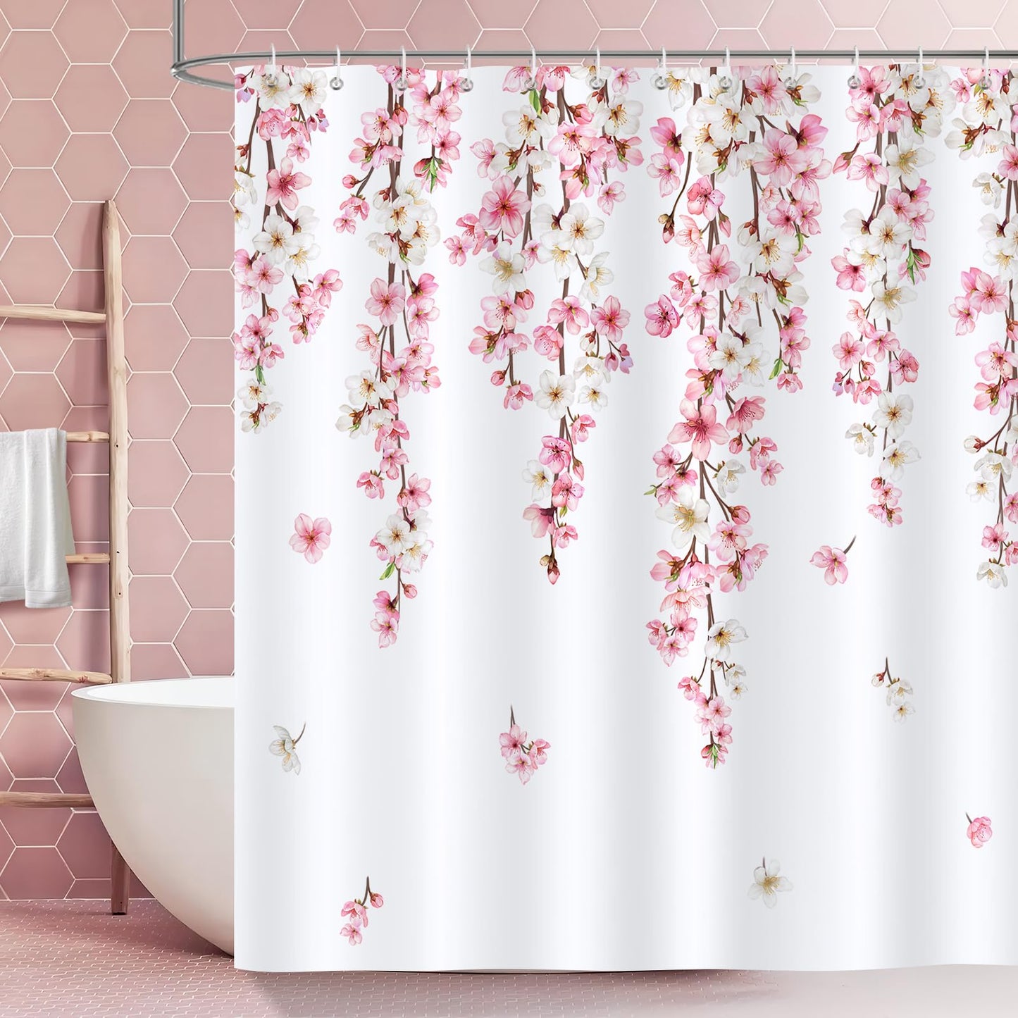 Bonhause Pink Cherry Blossom Shower Curtain, Spring Floral Japanese Sakura Bathroom Decor 72 x 72 Inch Polyester Fabric Waterproof Bath Curtain with 12 Hooks