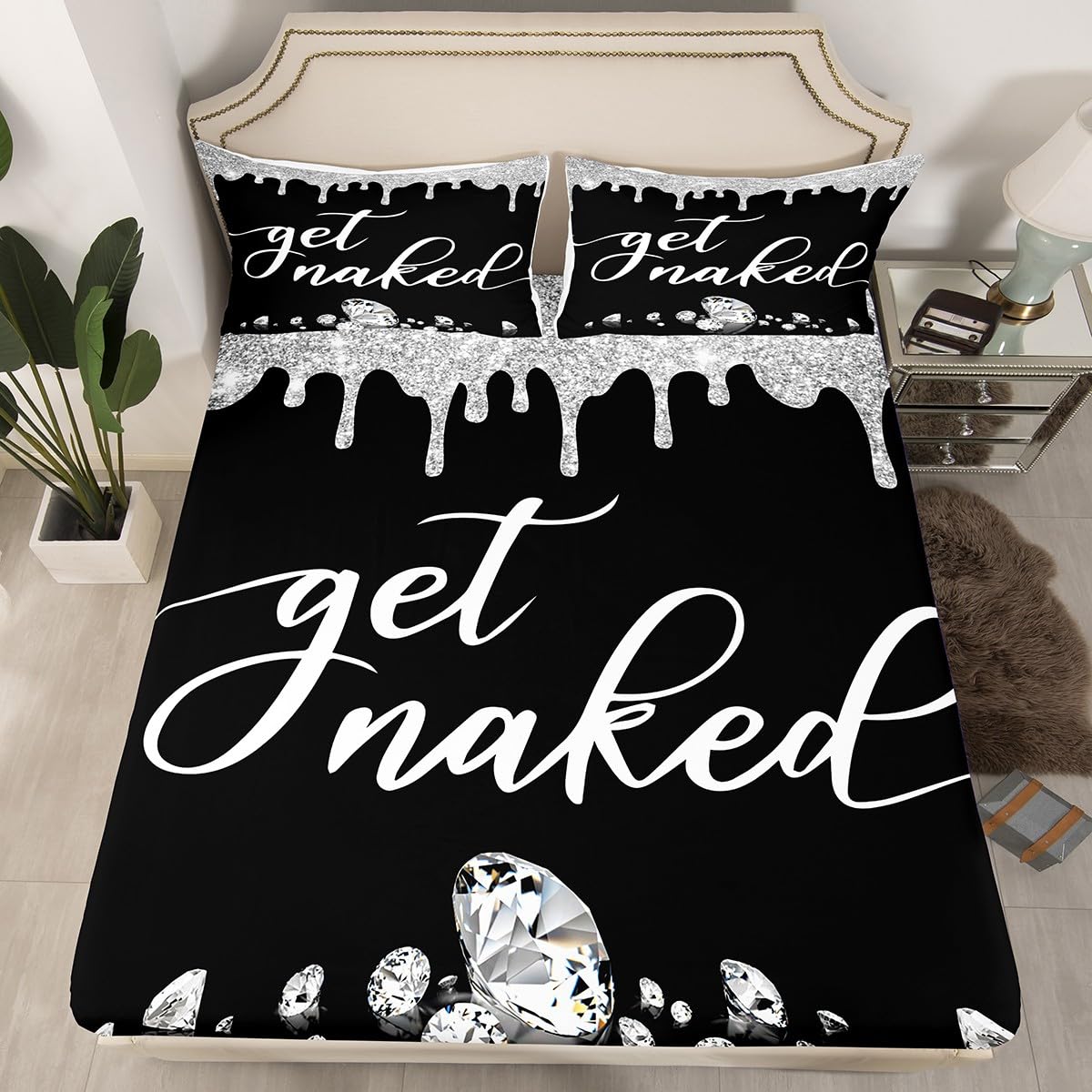Get Naked Bed Sheet Set Full Size Silver Grey Black Glitter Bedding Set for Kids Boys Girls Teens Bedroom Decor Luxury Shining Diamond Fitted Sheet Women Men Funny Quotes Modern Bedding Sheets