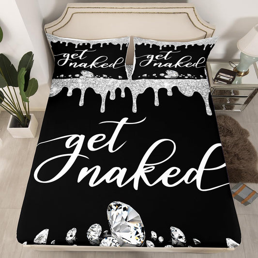 Get Naked Bed Sheet Set Full Size Silver Grey Black Glitter Bedding Set for Kids Boys Girls Teens Bedroom Decor Luxury Shining Diamond Fitted Sheet Women Men Funny Quotes Modern Bedding Sheets