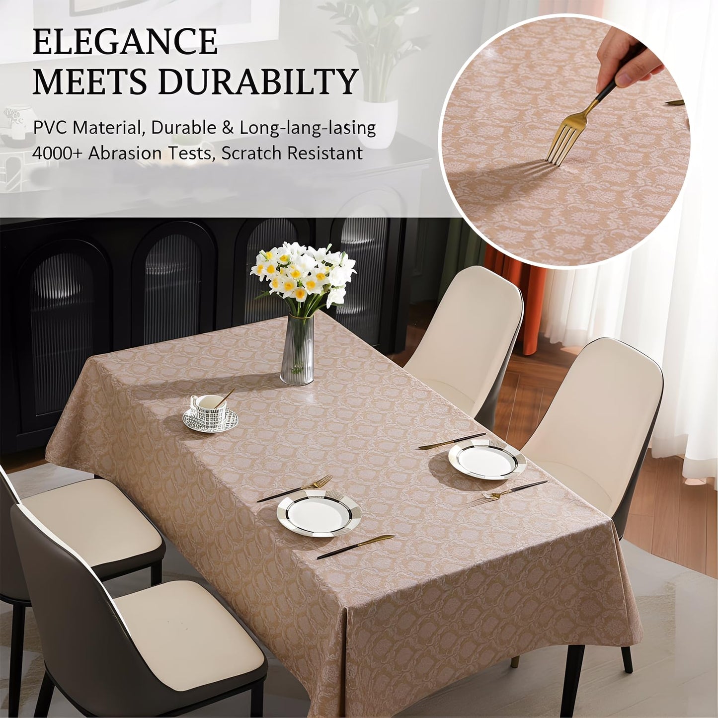 Qvthpv 55"x70" PVC Tablecloth, Waterproof Oilproof Heatproof Rectangular Table Cloth,Vinyl Mat for Kitchen Dining Holiday Party Camping (Flowers - Coffee Color)