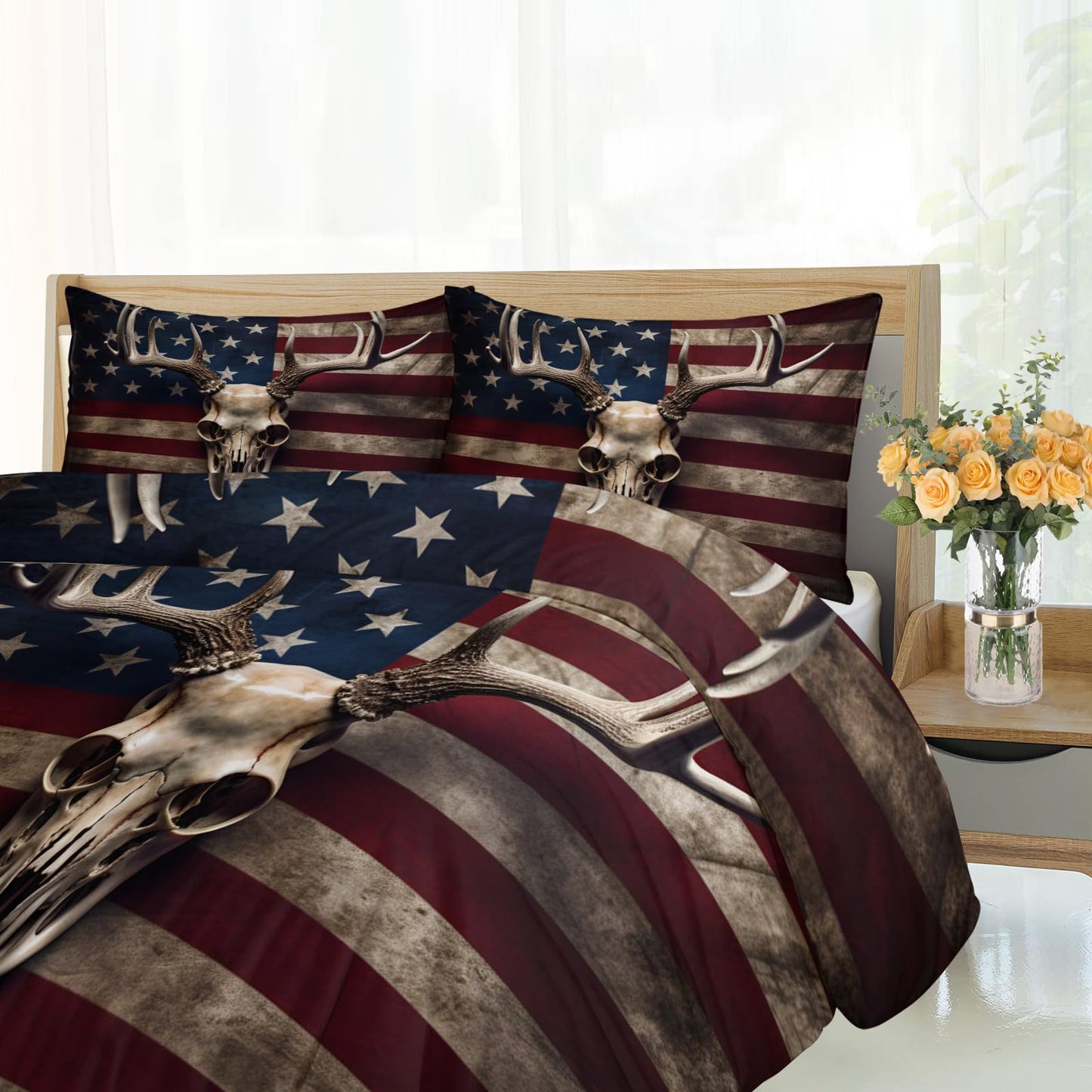 PAISUOQ Gothic Skull Duvet Cover Queen Size - American Flag Home Decor & Gifts, 3 Piece Back to School Dorm Bedding, Easy Care Microfiber Comforter Cover & Pillowcases, Rustic
