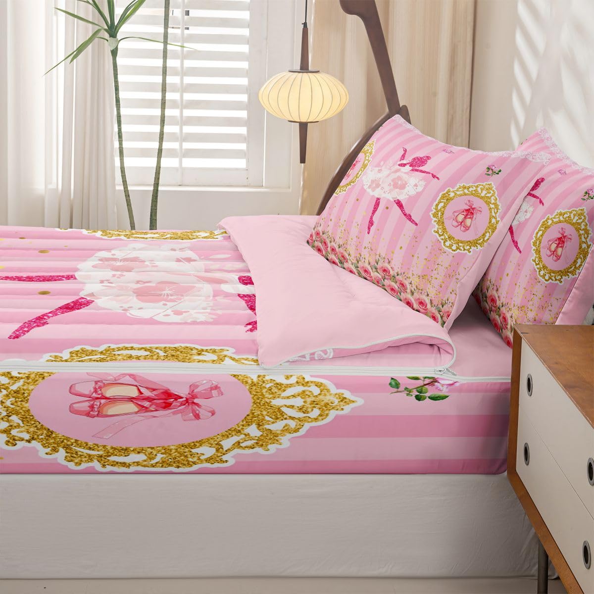 Feelyou Ballet Dancer Queen Comforter Set with Fitted Sheet for Girls Boys Kids Ballet Shoes Comforter Room Decorbotanical Floral Zipper Bedding Sets Glitter Gold Pink Bed in A Bag Room Decor Boys