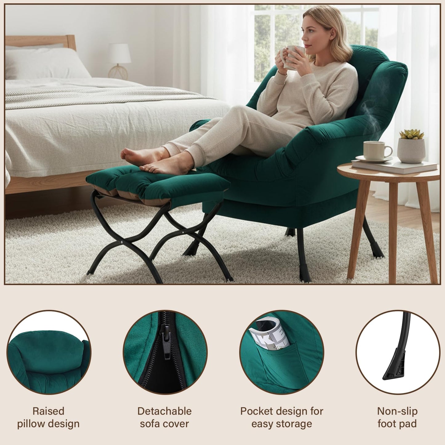 Welnow Lazy Chair with Ottoman, Modern Accent Chair with Armrests and a Side Pocket, Leisure Sofa Armchair, Reading Armchair with Footrest for Small Space, Dark Green