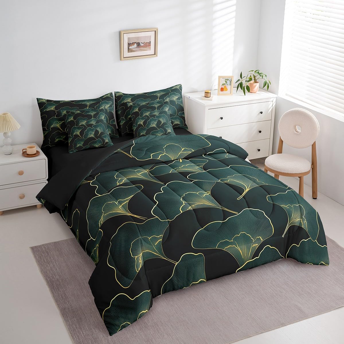 Erosebridal Ginkgo Leaves Comforter Set 7 Piece Bed in a Bag Twin,Golden Ginkgo Biloba Leaf Bedding Sets Botanical Sheet Set with Comforter,Jungle Plant Ginkgo Folium Bed Set