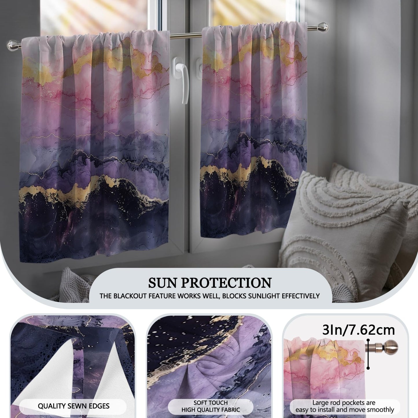 KINUUIS Pink Gold Marble Blackout Kitchen Window Tier Curtains and Valance Set, 52 x 36 Inch Abstract Art Window Curtains Set with Rod Pocket for Small Windows, Living Room,Bathroom