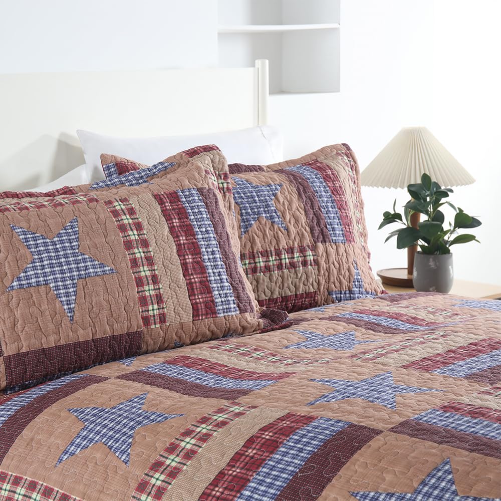 VISIMISI Cotton Bedding Quilt Sets Reversible Coverlet Sets All Season Brown Bedspread, Mediterranean Star Pattern, Queen Size