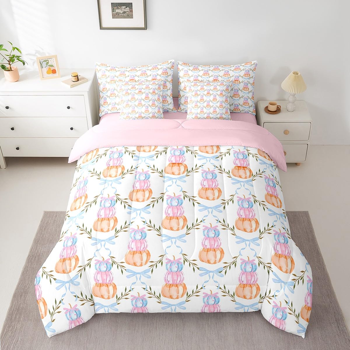 7 Pieces Watercolor Pumpkin Comforter Set Full Size,Pink Blue Bow Print Bedding Sets Kids Teens Adult Fall Plants Bow Grid Striped Quilt + Fitted & Flat Sheets + 2 Cushion Cover + 2 Pillowcases