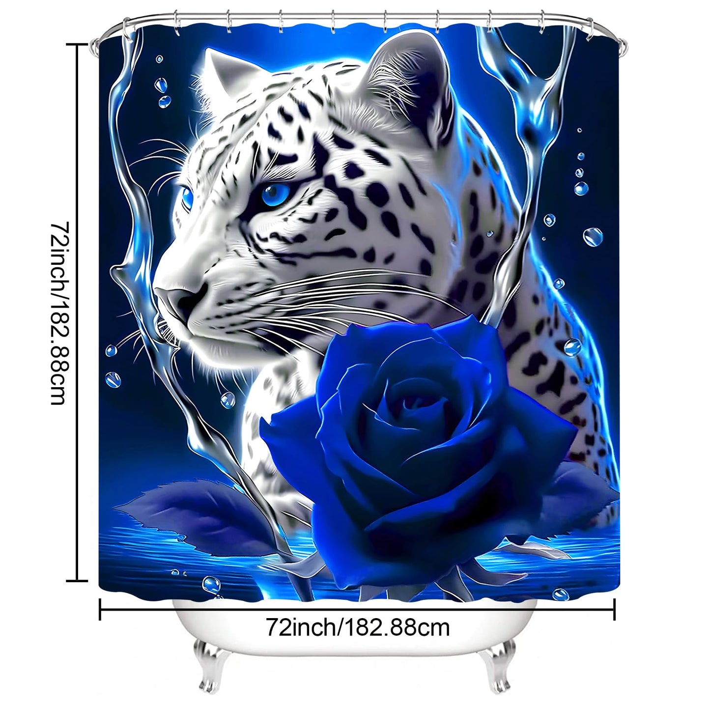 beifivcl 4PCS Blue Rose and Leopard Shower Curtain Bathroom Set with Non-Slip Rugs, Toilet Lid Cover and Bath Mat, Blue Bathroom Decor Set Accessories Shower Curtains with 12 Hooks, 72 x 72 Inch