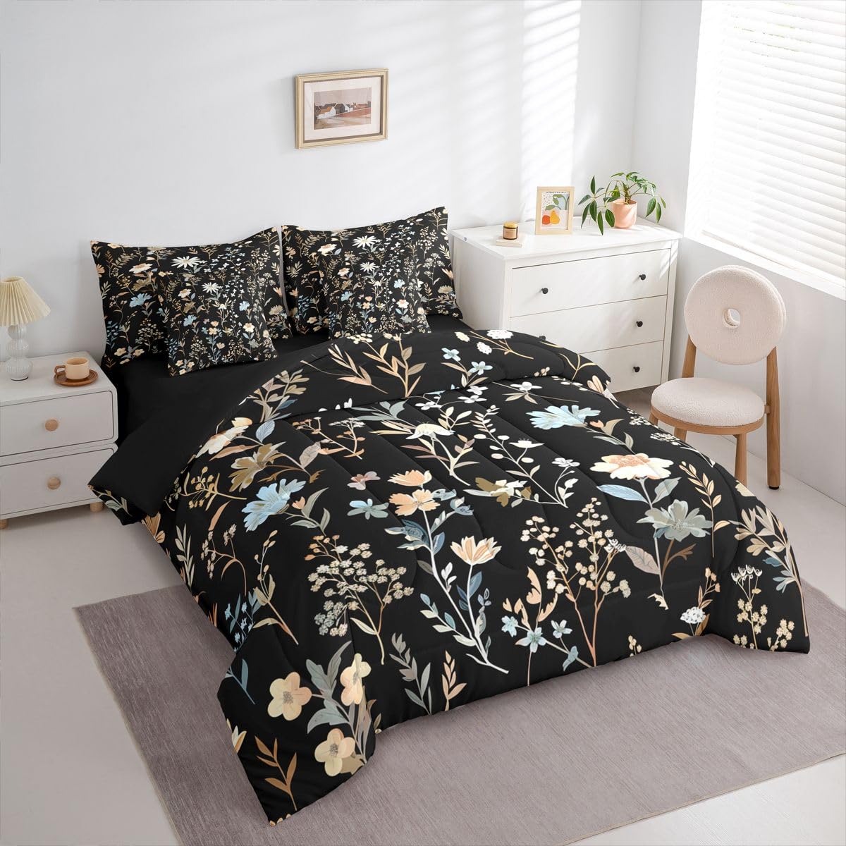 Erosebridal Florals 7 Piece Bedding Set Twin Daisy Comforter Set with Sheets Spring Rustic Farmhouse Retro Flower for Kids Boys Girls Simple Kawaii Floral Retro Bed in a Bag