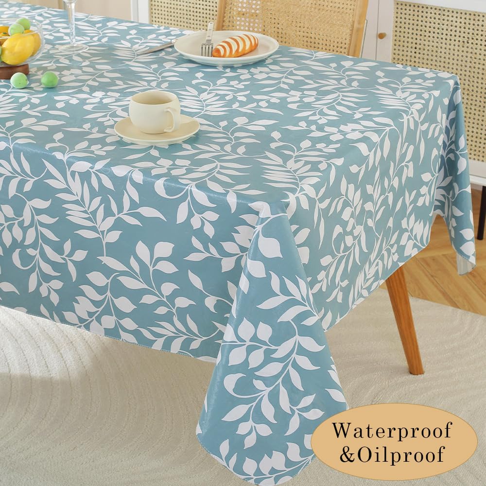 MATIRUG Heavy Duty Vinyl Tablecloth with Flannel Backed, Waterproof Oil-Proof Plastic Table Cloth, Wipeable Spill-Proof PVC Table Cover for Dinner Outdoor Picnic,(Blue Leaf, 52x70 Inch Rectangle)