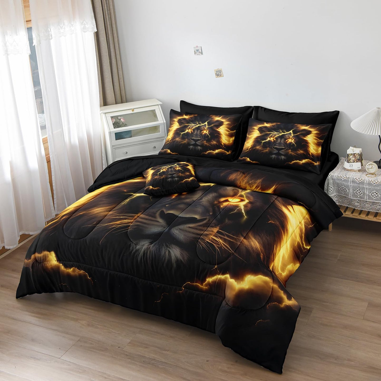 Lion Queen Comforter Set Black and Gold Bed in a Bag Golden Loin Bed Set Home Decor 8 Pcs Black Sheet Set Wild Animal Comforter Set with 1 Cushion Cover