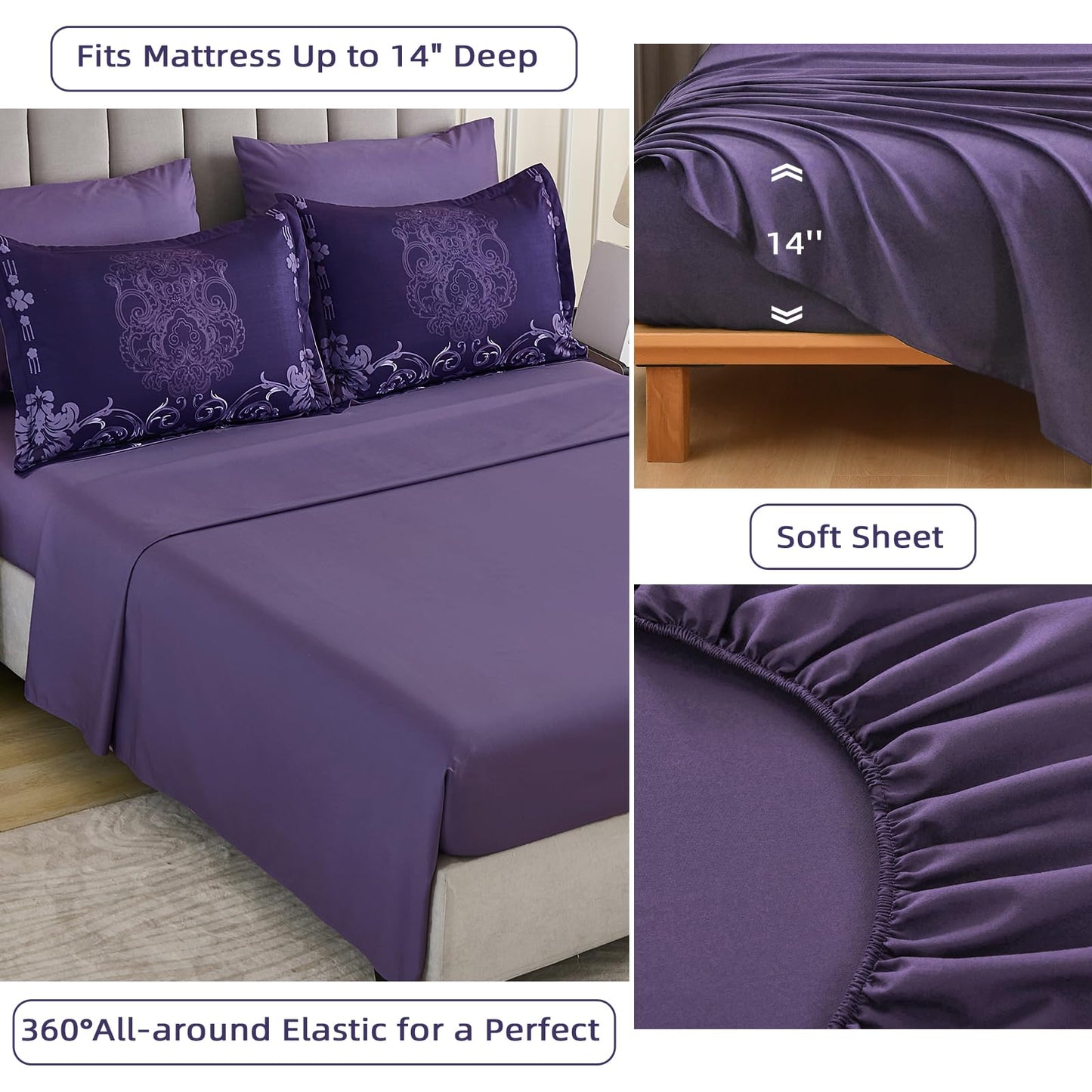 Mybedsoul 7 Pieces Dark Purple Comforter Set King Size, Damask Bed in a Bag for King Bed, Lightweight Microfiber Boho Bedding Sets with Comforter, Sheet, Pillowcases & Shams for All Season(90"x104")