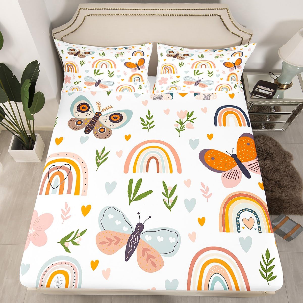 Boho Rainbow Sheet Set Twin Size Cute Butterfly Bedding Set 3Pcs for Kids Girls Boys Adult Room Decor Cartoon Love Heart Palm Leaves Bed Sheet Animals Botanical Fitted + Flat Sheet,1 Pillowcase