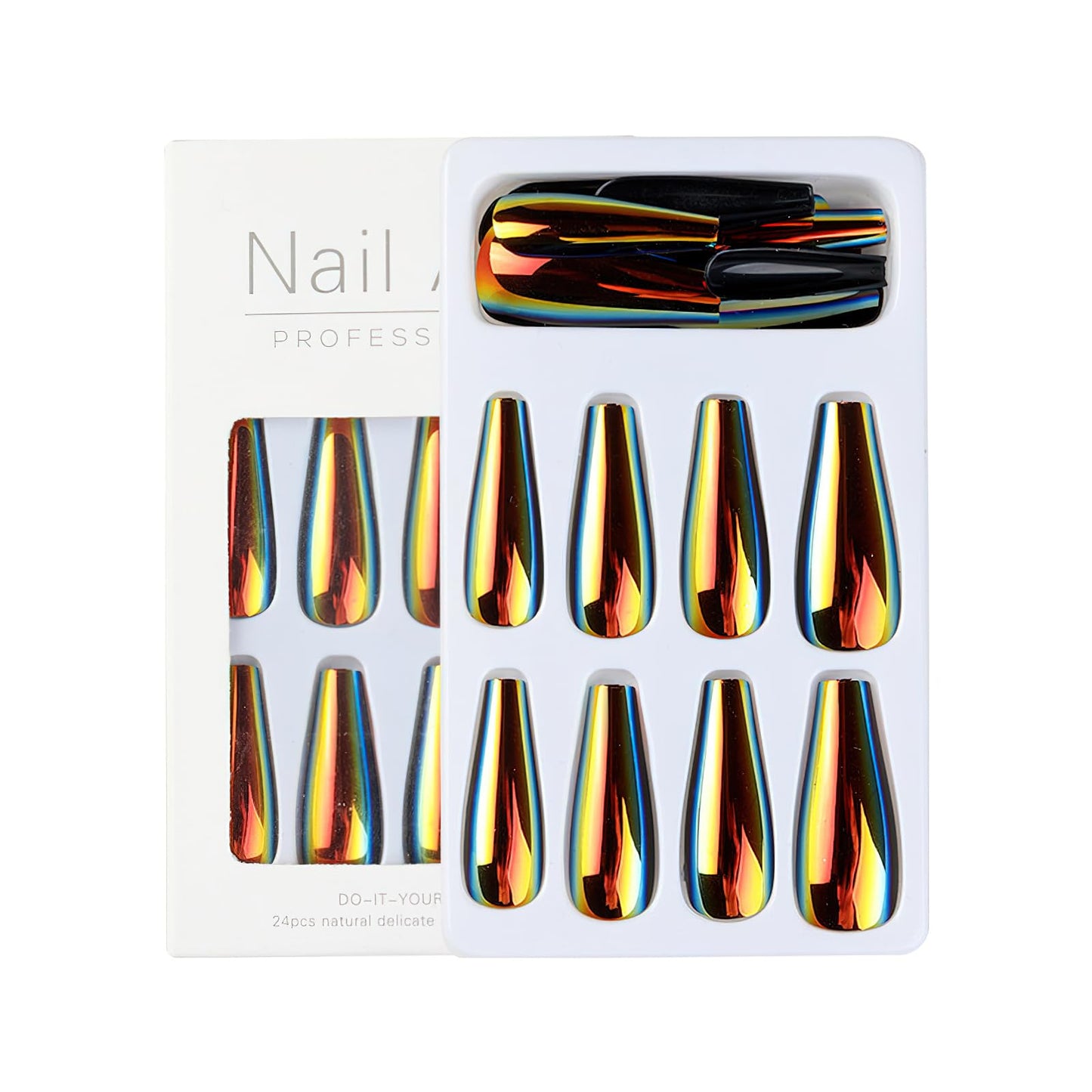 ROFIBUT 24pc Chrome Press On Nails Long Ballerina Glue on Nails Holographic Fluorescent Art Coffin False Nails Laser Mirror