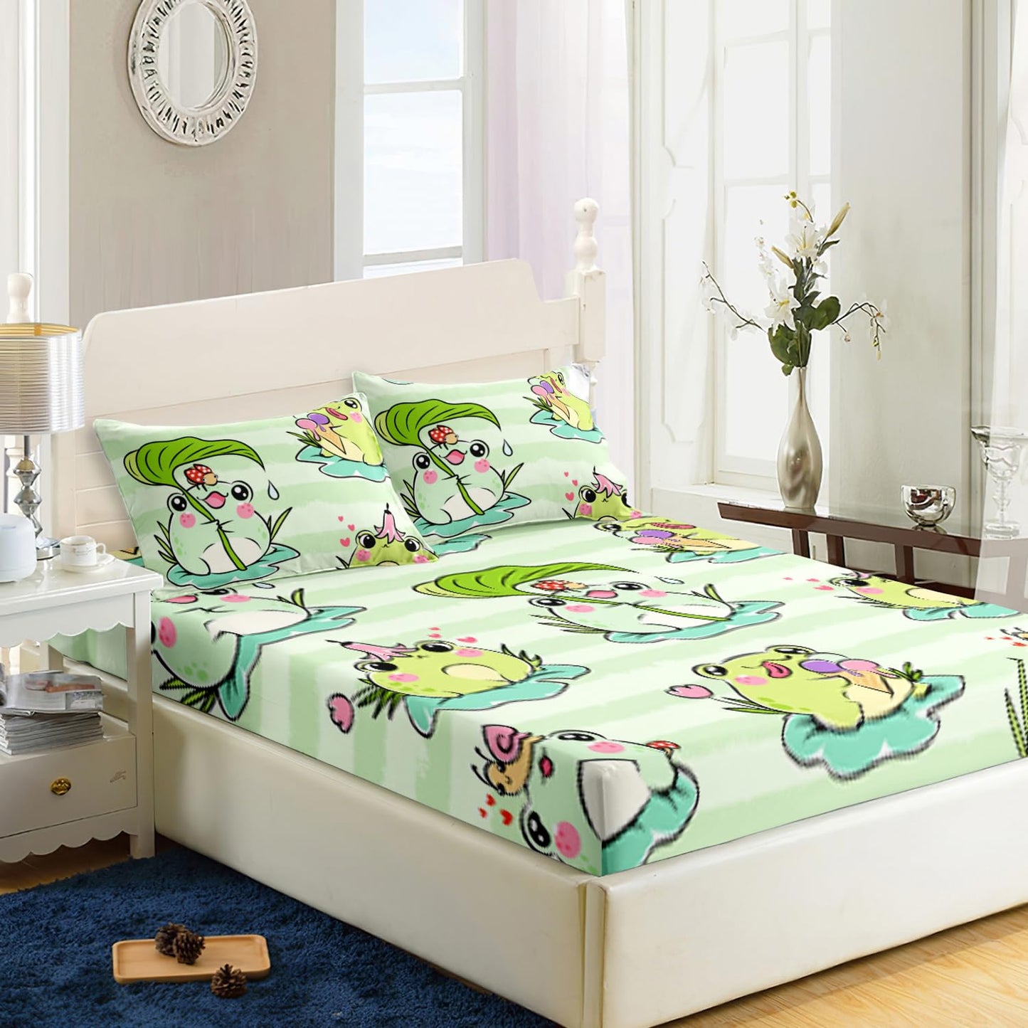 AILONEN Cartoon Frog Fitted Sheet Set - Twin Size, Animal Frog Bed Sheet Set, Boys Girls Sheet Set, Green Stripe Sheet Set - 1 Fitted Sheet and 2 Pillowcases